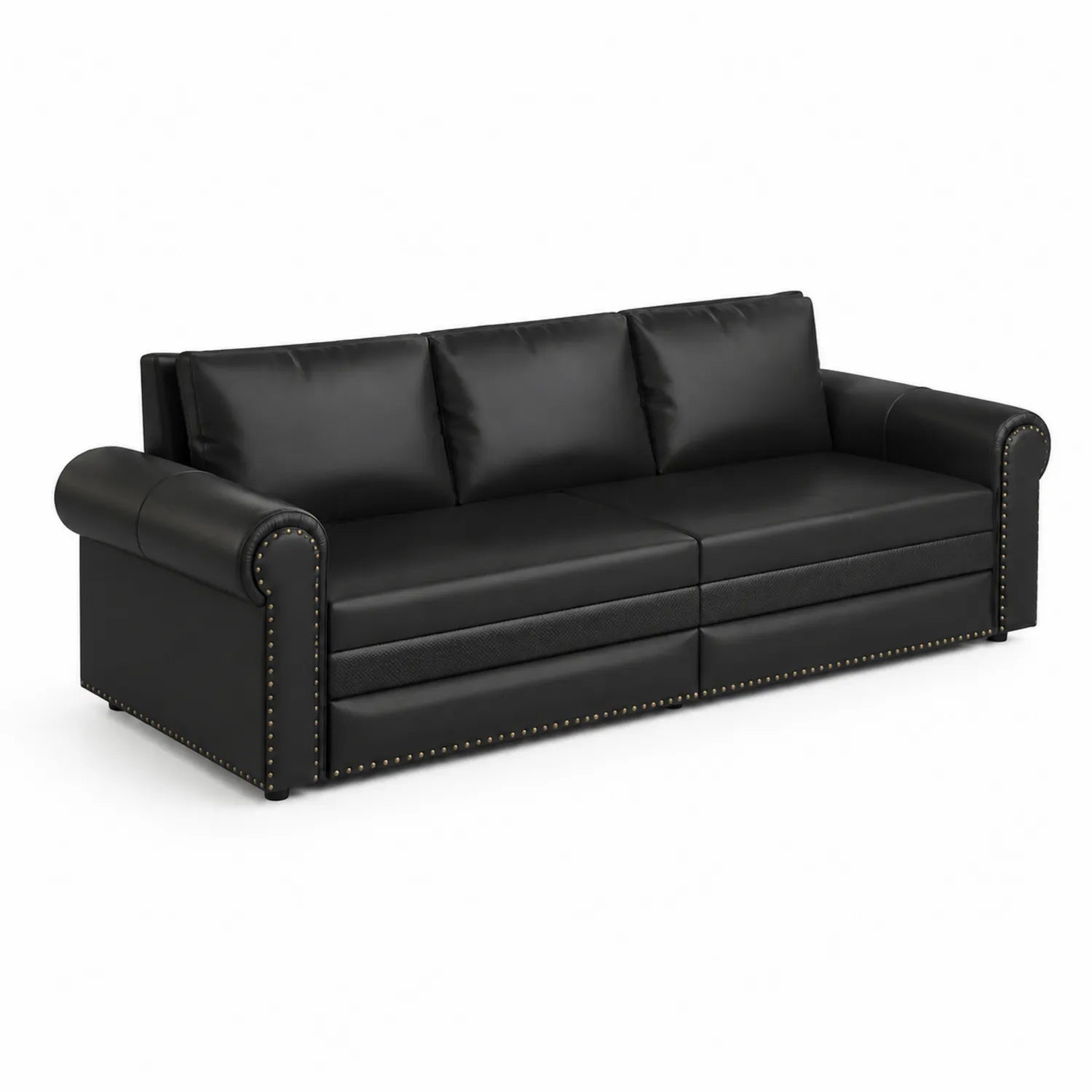 Sofa rozkładana 3-osobowa skórzana czarna z metalowymi detalami