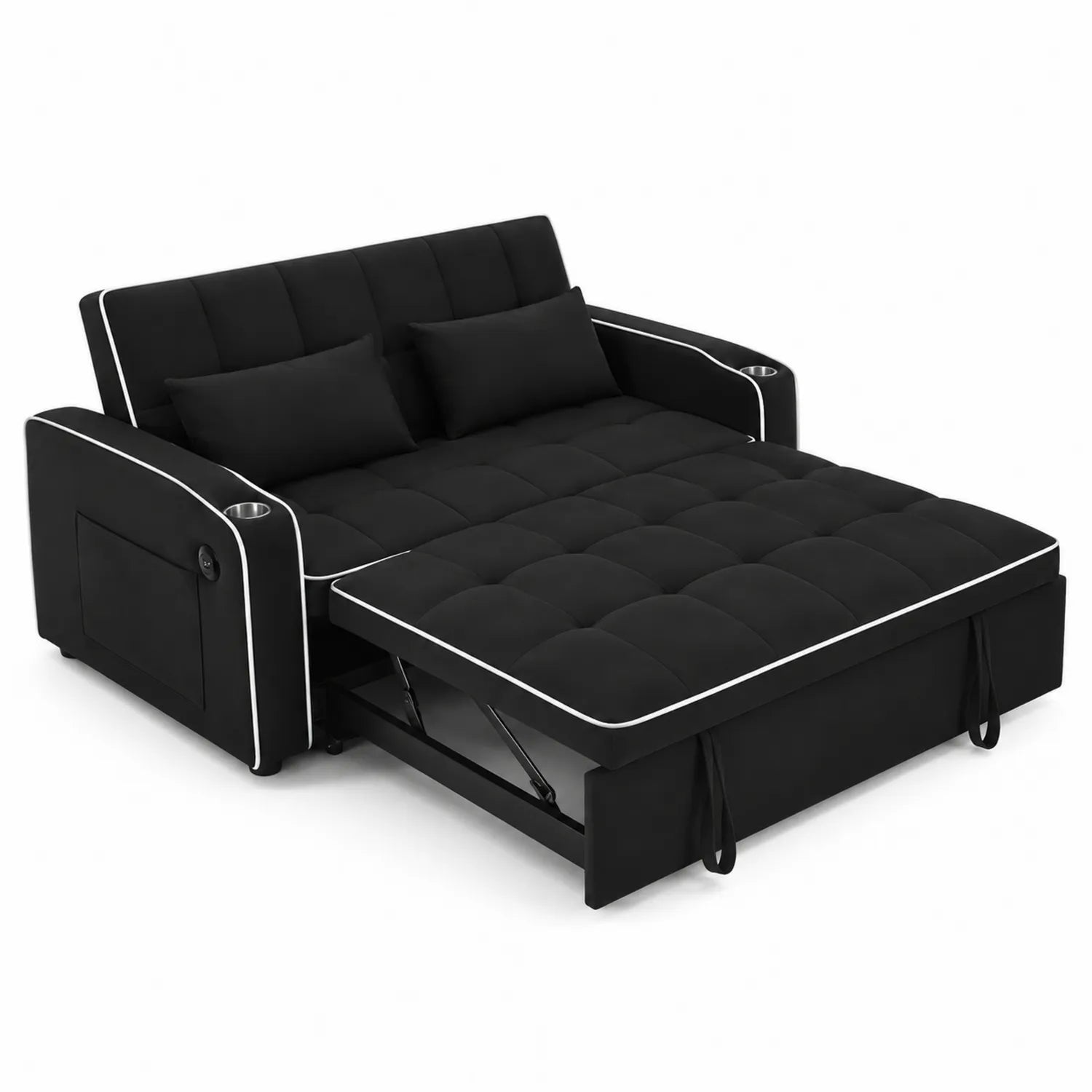 Czarna rozkładana sofa z funkcją łóżka i schowkiem