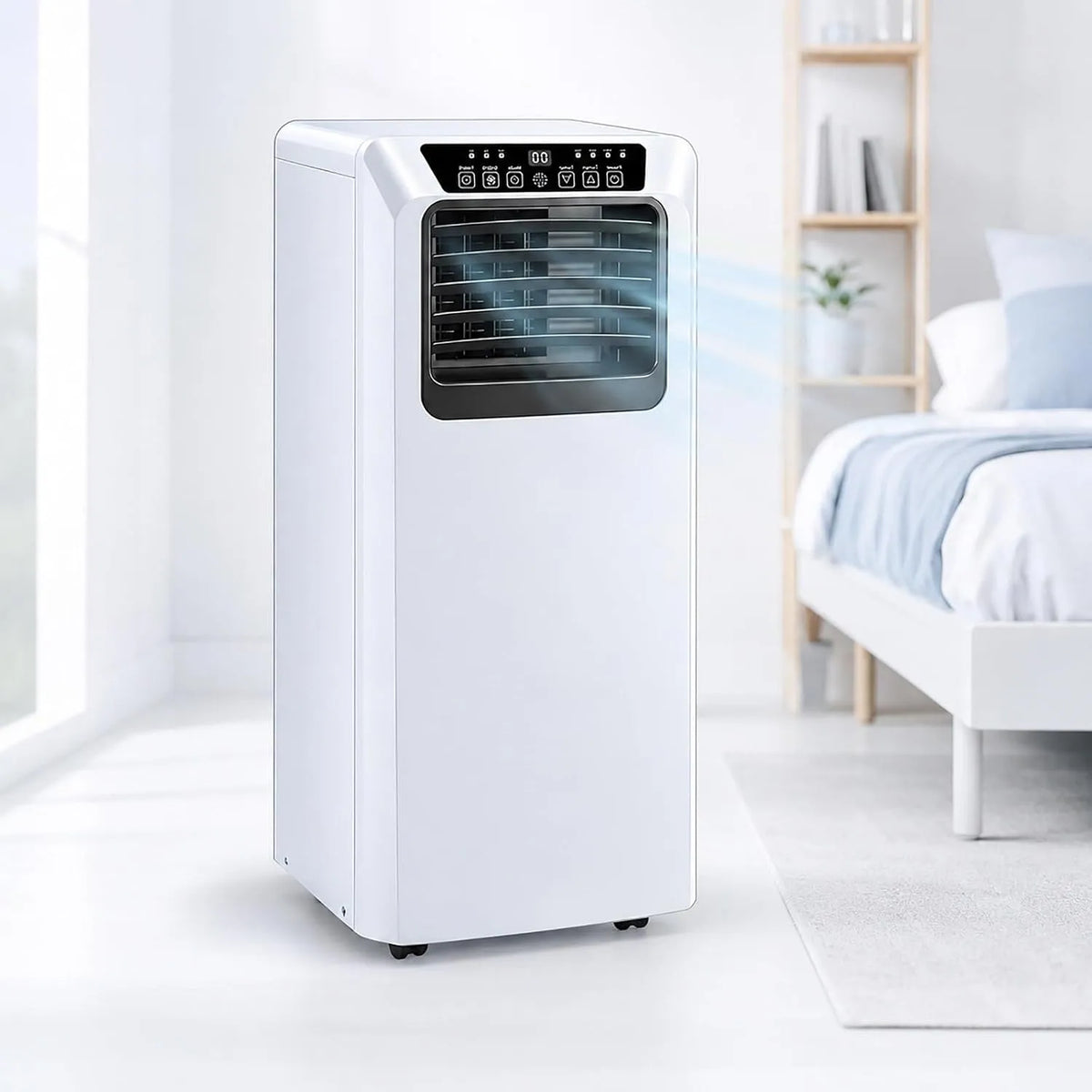 Mobiele airconditioner en Ventilator met 9000 BTU, 20 m2, 3-in-1, 18°C, 10 minuten, 50 dB, afstandsbediening en digitaal display