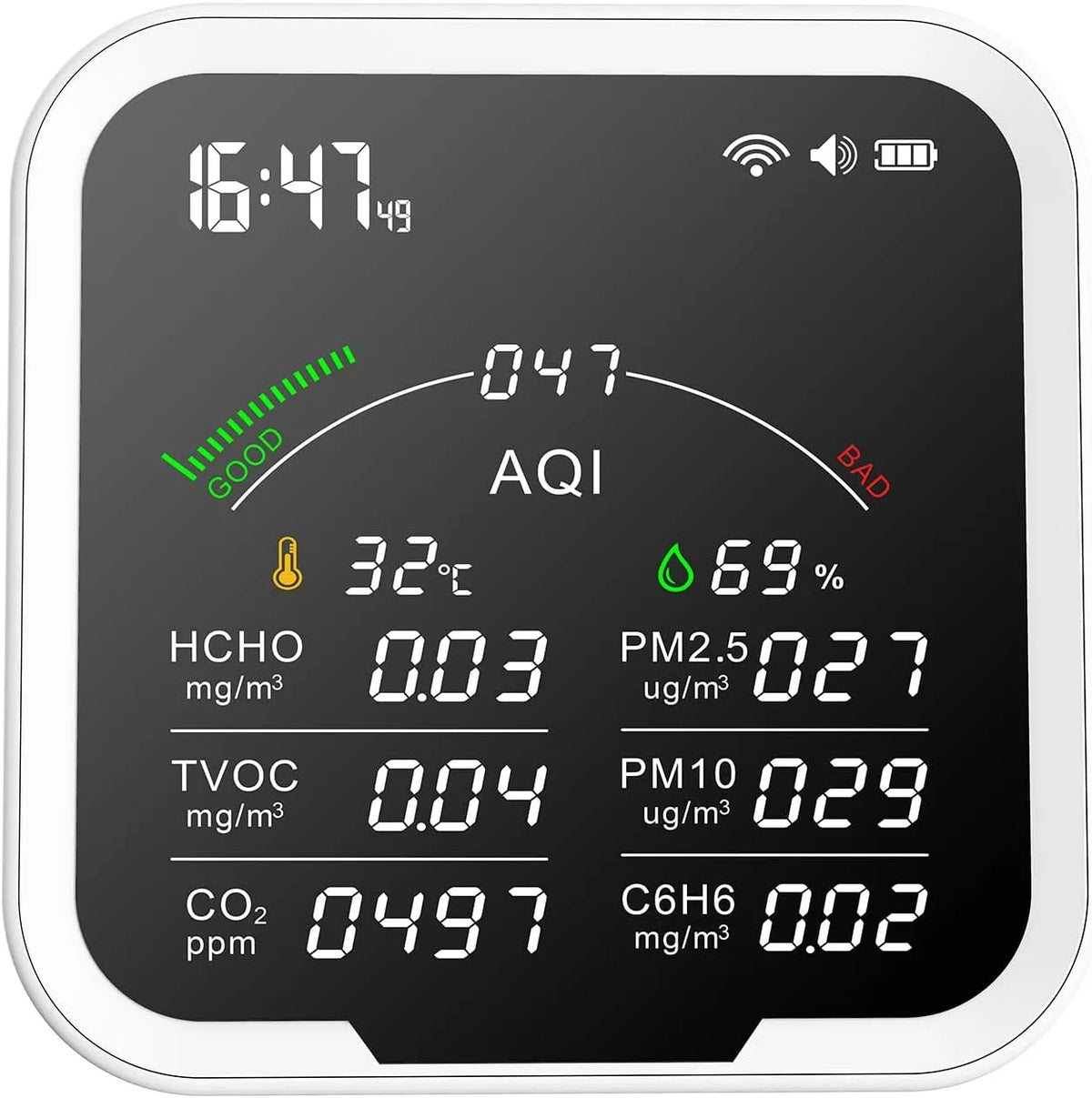 Luchtkwaliteitsmeter, HCHO/TVOC/CO2/PM2, PM10/AQI/C6H6, 4,8 inch