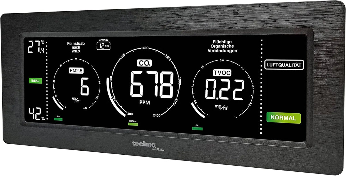 Techno Line luchtscherm, Techno Line CO2-, weergave van fijnstof, meetinstrument, voor de luchtkwaliteit in de ruimte, gekleurde weergave CO2