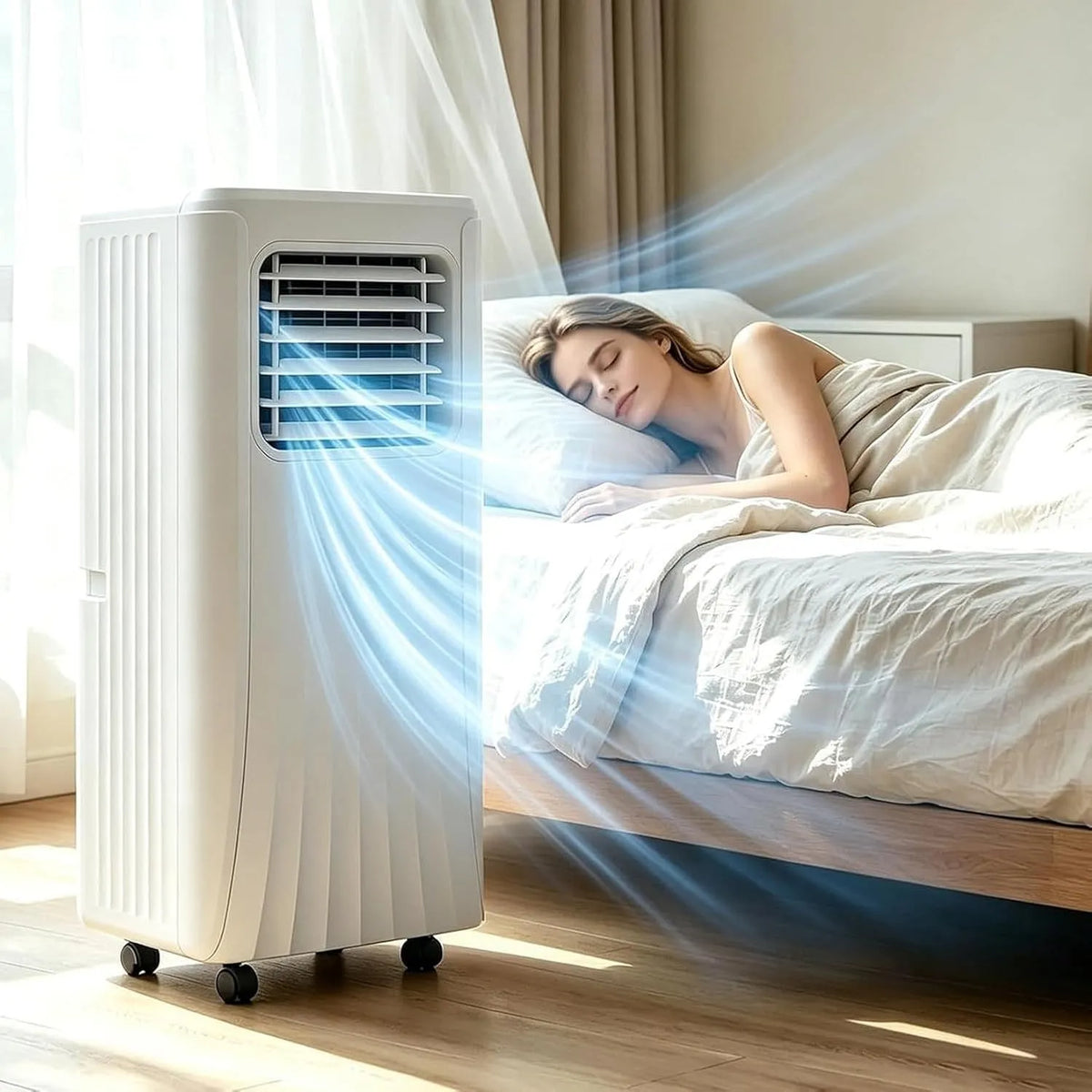 Mobiele airconditioner met 12000 BTU, 16°C, 25 m2, afstandsbediening, geluidsarme werking, ontvochtigingsfunctie, gerichte luchtcirculatie en 24-uurs