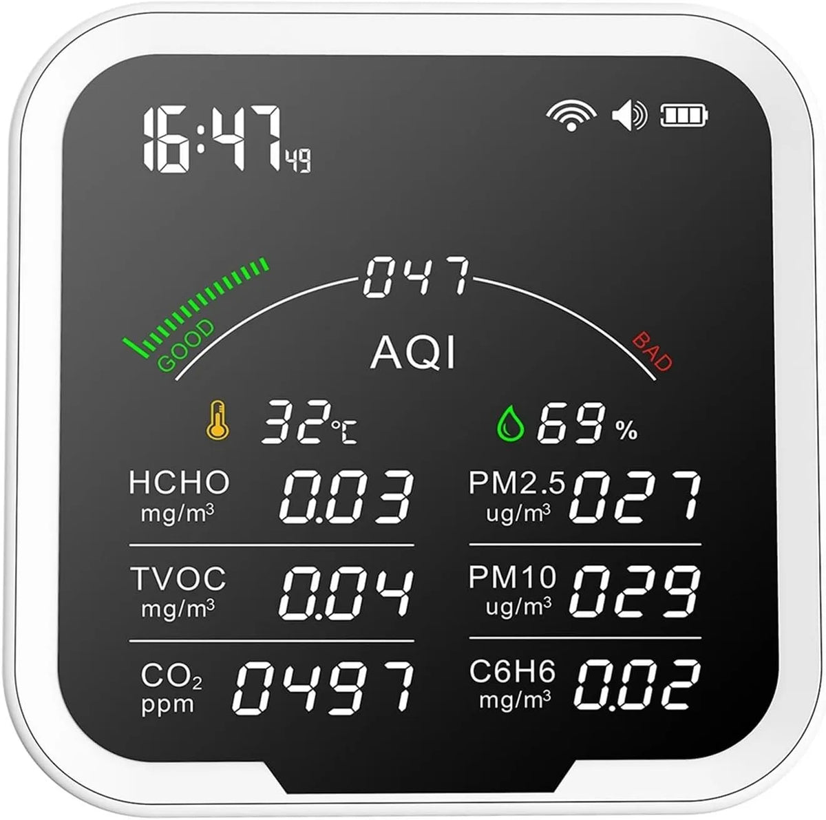 Luchtkwaliteitsmeter, HCHO/TVOC/CO2/PM2.5/PM10/AQI/, C6H6, 4.8Inch, Gasdetector