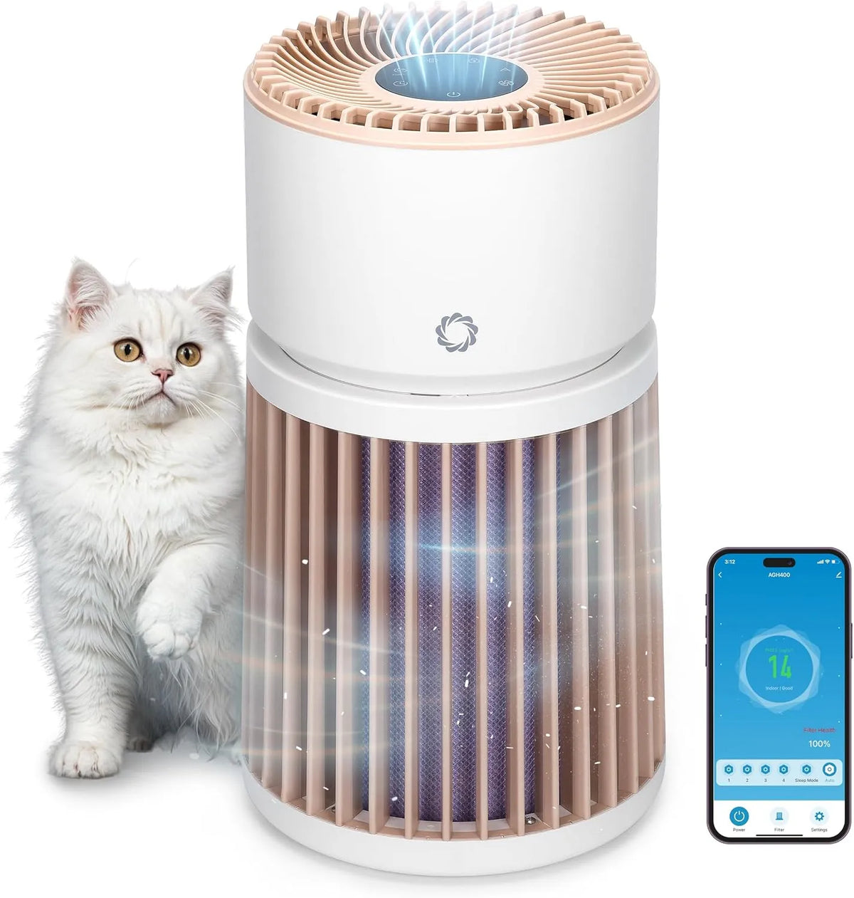 Luchtreiniger PM2.5 AGH400-PET met 325 m2, 320 m2, HEPA-filter, voor tapijt, harde vloeren en dierenharen, gerichte luchtcirculatie en paars