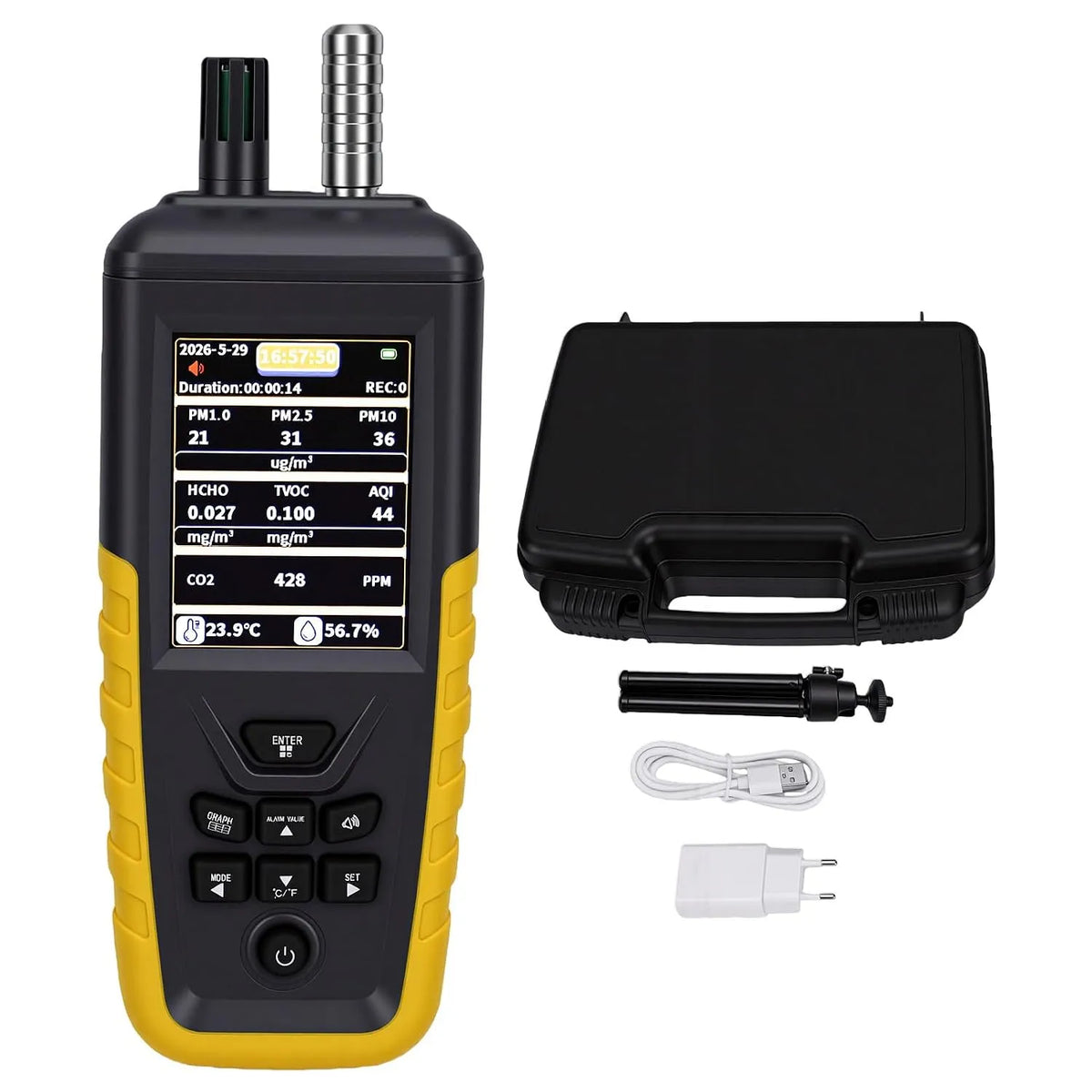 Luchtkwaliteitsmeter met 8 Uur, USB, 10°C, 60°C, 2200 mAh en draadloze werking
