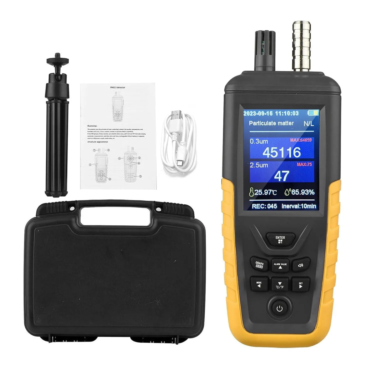 Luchtkwaliteitsmeter, CO2 PM0.3/2.5/10um g/m3USB, Luchtkwaliteitsmonitor, CO2 Meter PM0.3/2.5/10um Deeltjesmonitor