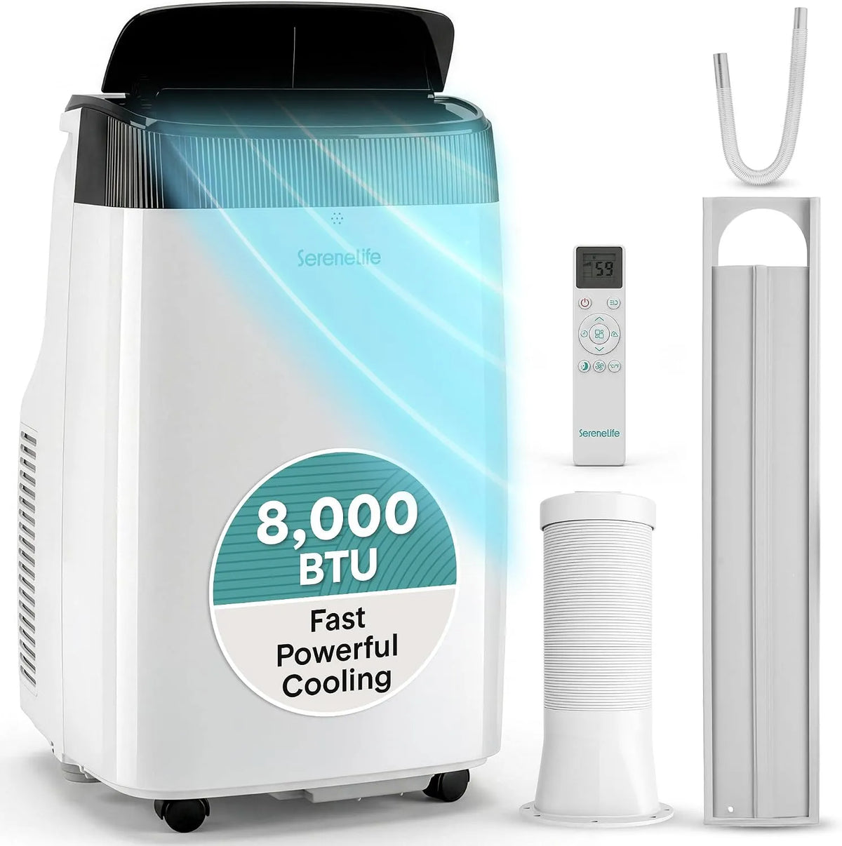 SereneLife, Mobiele airconditioner, SLPAC8, 8.000 BTU, ventilatormode, complete raammontage-uitlaat, 3-in-1, afstandsbediening, wit