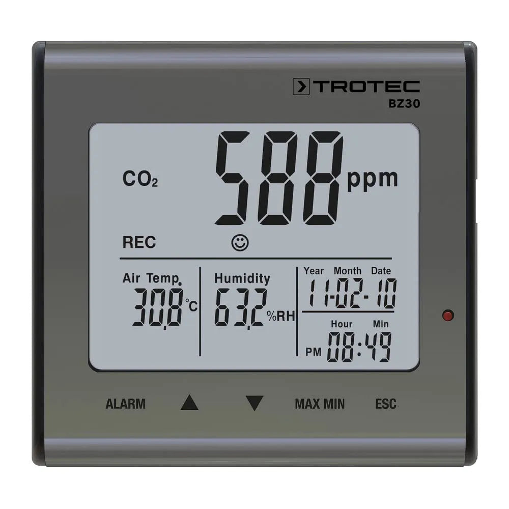 TROTEC BZ30 CO-2 Luchtkwaliteit datalogger registreert alle relevante klimaatgegevens. BZ30 CO-2 met 1 seconde, 12 uur en USB