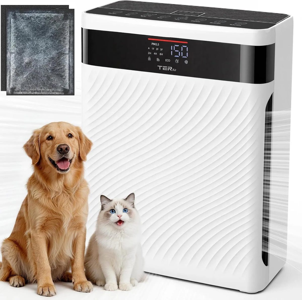 Luchtreiniger, PM2.5-sensor, H13 HEPA & wasbaar filter, helpt dierenhaar, huidschilfers, stof en geuren op te vangen, geluidsarm luchtreiniger