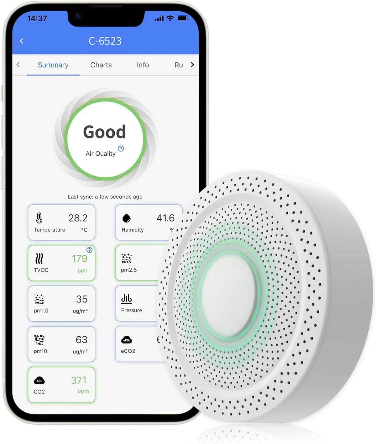 Luchtkwaliteitsmeter AQS1 PM1/2.5/10 CO2/eCO2 met 9-in-1, WiFi en 24 uur