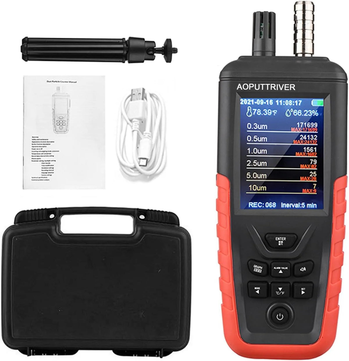 Luchtkwaliteitsmeter, CO2-meter PM0.3/0.5/1.0/2.5/5/10, temperatuur, gegevensoverdracht/opslag, Luchtkwaliteitsmonitor